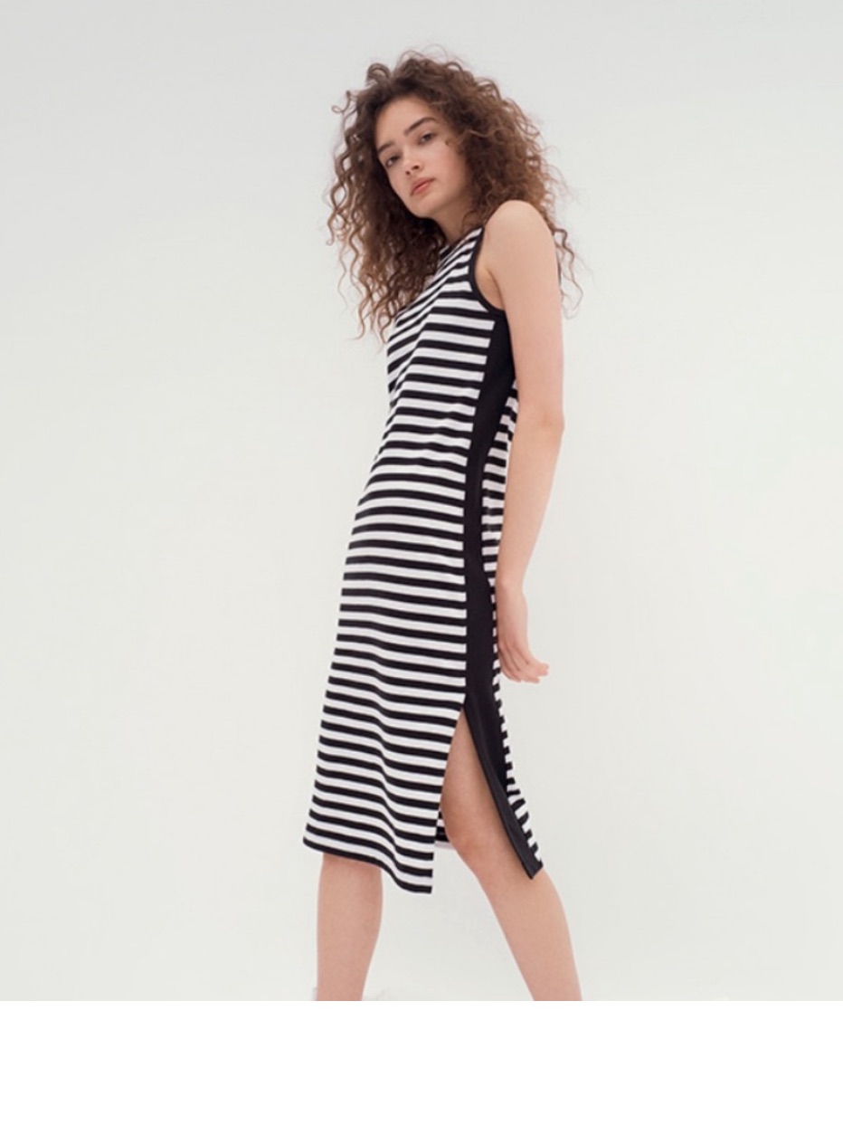 Rag & Bone Black And White Striped Midi Dress With Side Panel